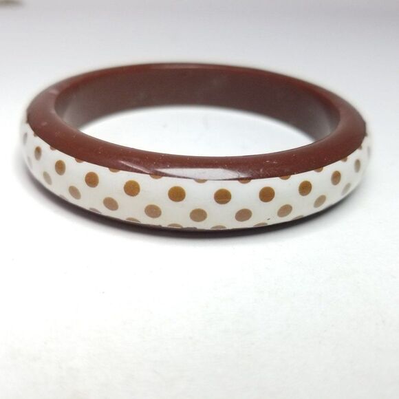 Vintage Brown and White Plastic Polka Dot Bangle Bracelet, Retro Stacking Estate - Picture 2 of 6